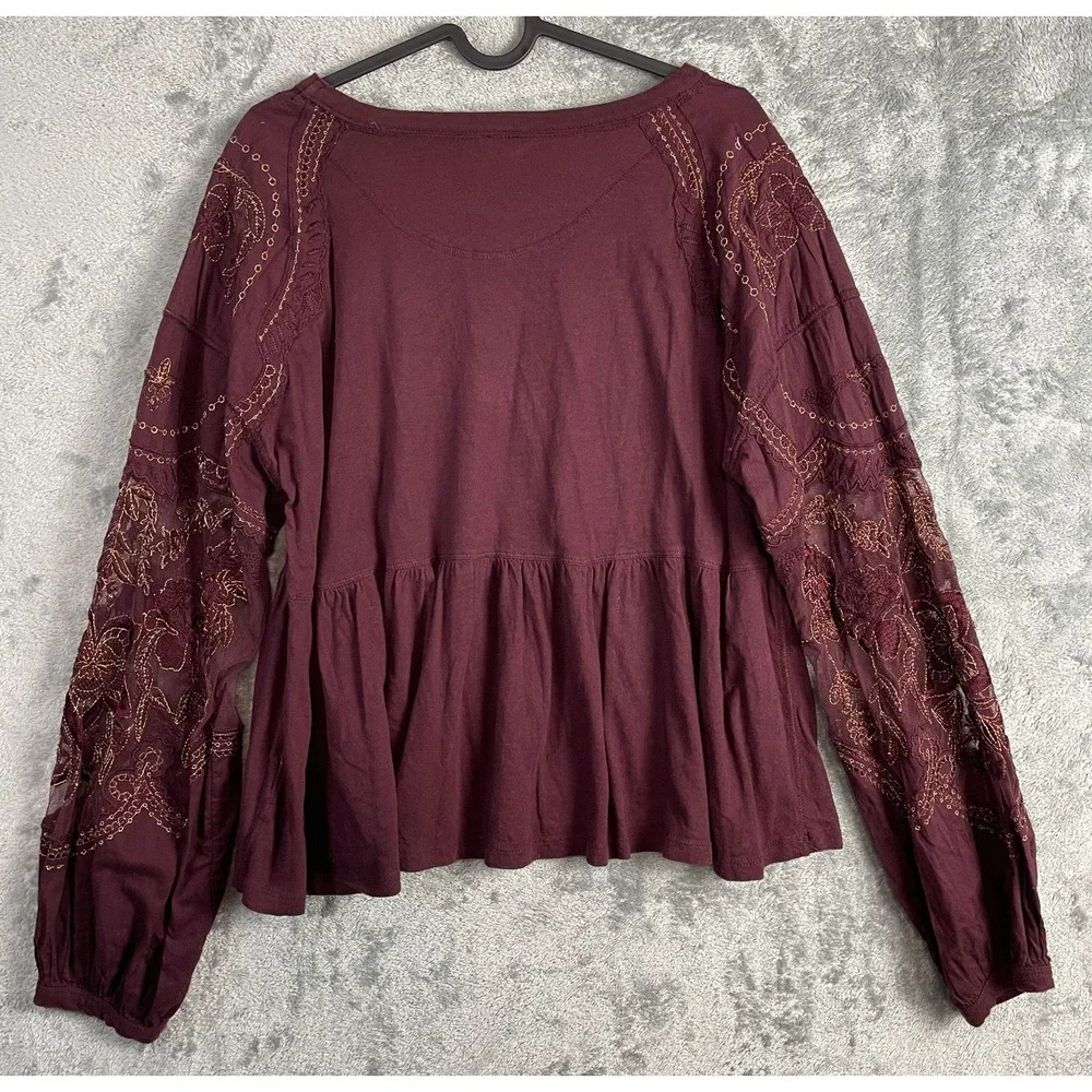 Free People Embroidered Penny Tee Floral Top XS Maroon Gold Metallic Fairy Boho‎